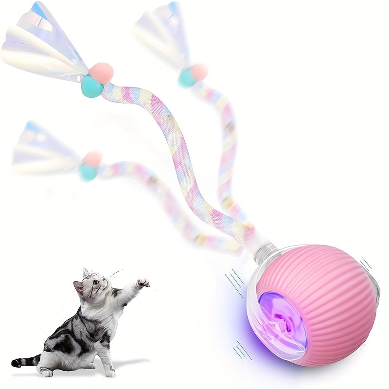 Electric Self-Rolling Cat Ball Toy Automatic Interactive Cat Toy Ball with Elastic Net Tail Fast Rolling Smart Motion Ball for Indoor Cats Kittens Carpet Floor Play