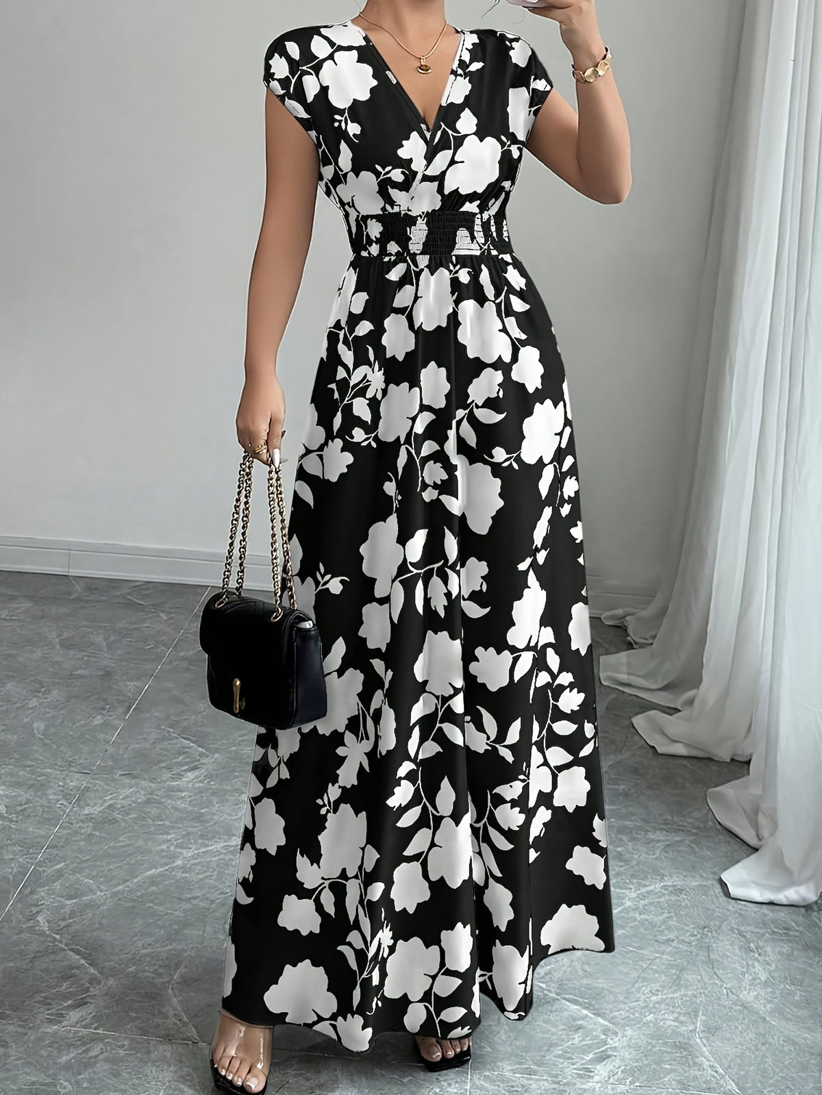Women's Pink Floral Maxi Dress - V-Neck Short Sleeve Cinched Waist A-Line | Elegant Casual Formal Spring Fall Flowing Dress New Arrival