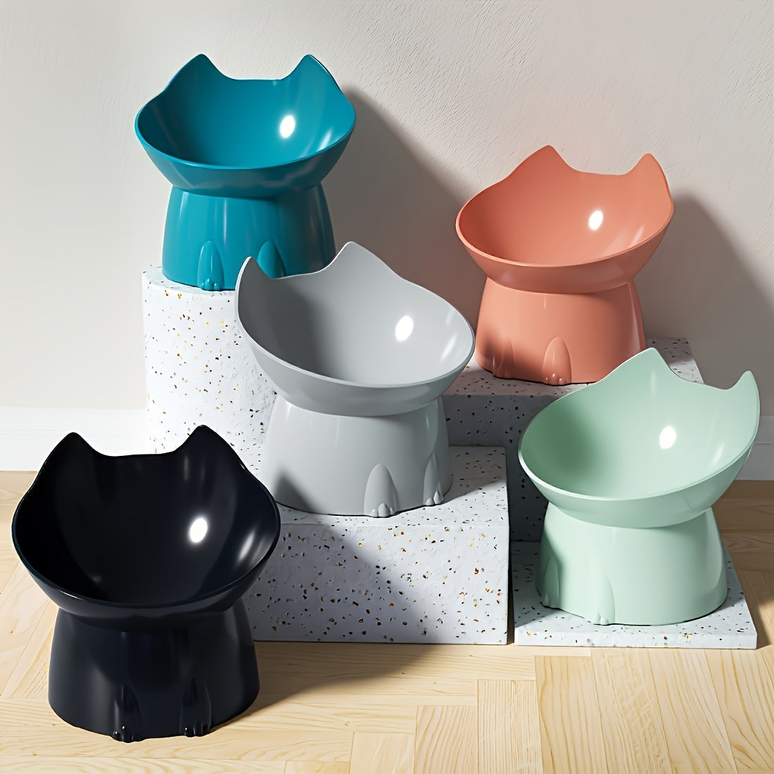 Cat Ears Raised Cat Food Bowl Anti-Tip Design - Cute Elevated Plastic PP Cat Dish for Comfortable Feeding, Playful Cat Ear Shape Pet Bowl for Indoor Cats