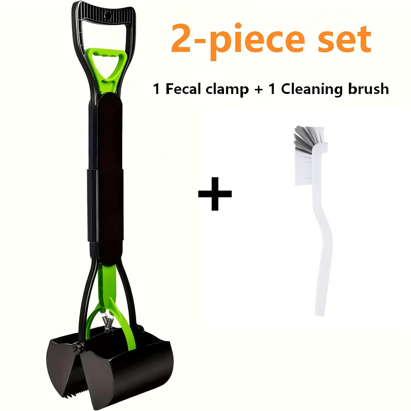Portable Foldable Dog Poop Scooper with Cleaning Brush - Strong Serrated Clamp Waste Grabber for Yards Lawns & Gravel, No-Dead-Angle Pet Waste Pickup Tool, High-Strength Durable Design