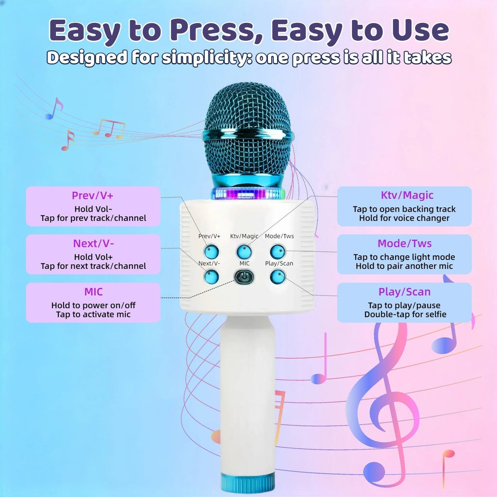 5-in-1 Wireless Karaoke Microphone with Built-In Speaker, LED Lights & Voice Changer – Portable Bluetooth Singing Mic for Parties, Family Gatherings, Travel & Outdoor Fun, 10 Colors