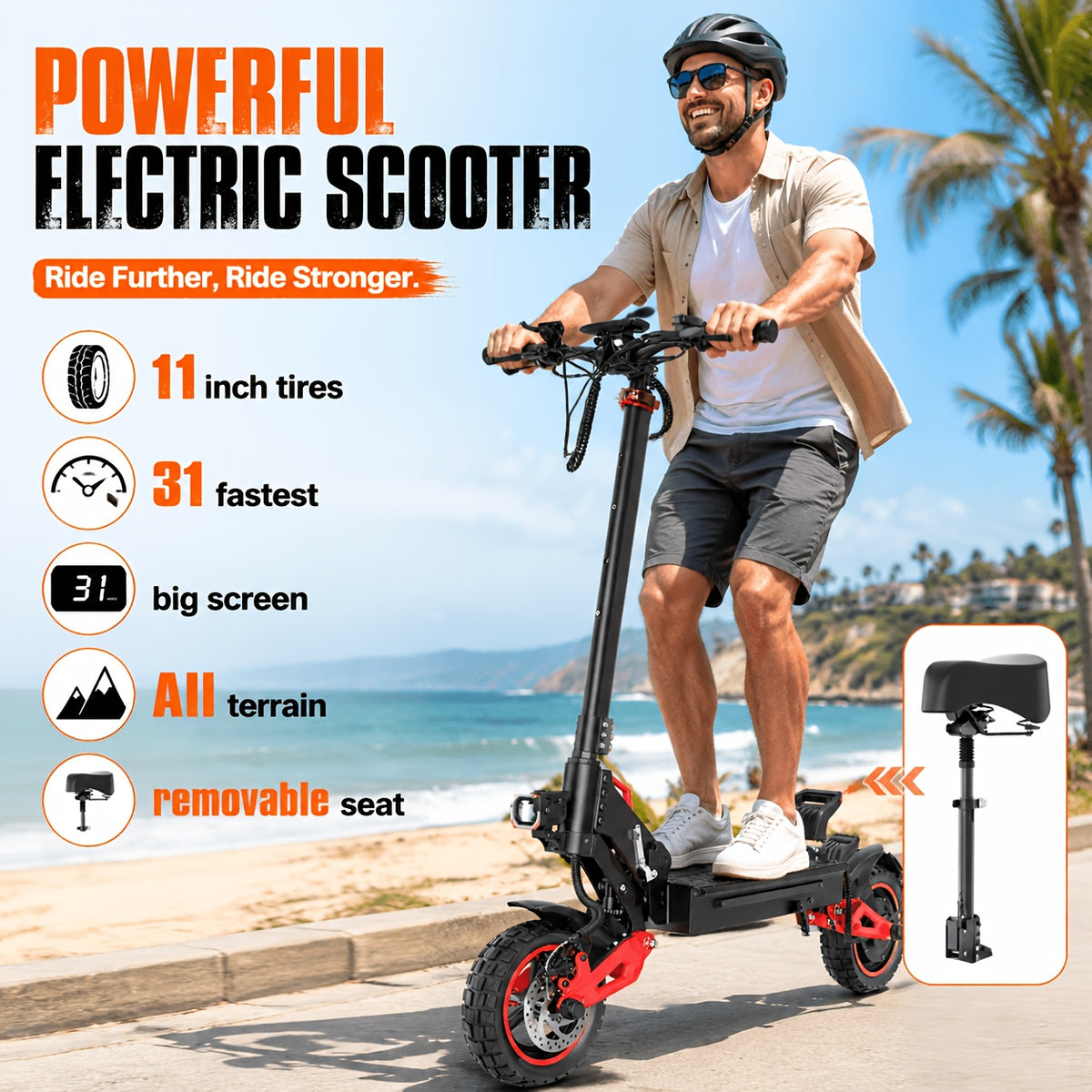 J15MAX 1600W All-Terrain Electric Scooter with Removable Seat, 11-Inch Off-Road Tires, Full Suspension, Foldable Frame, Double Disc Brakes, LCD Display - City & Off-Road Adult E-Scooter