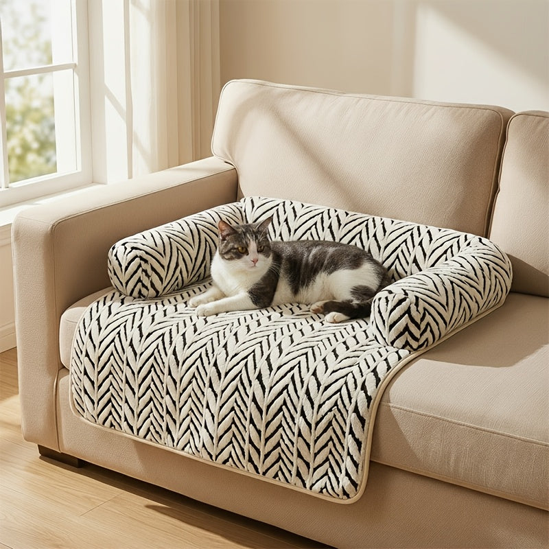 Plush Pet Couch Bed with Bolster for Small Dogs and Indoor Cats Non-Slip Sofa-Style Pet Bed with Furniture Protector Cover – Soft Washable Dog Cat Sofa Bed with Raised Sides for Couch Chair and Loveseat