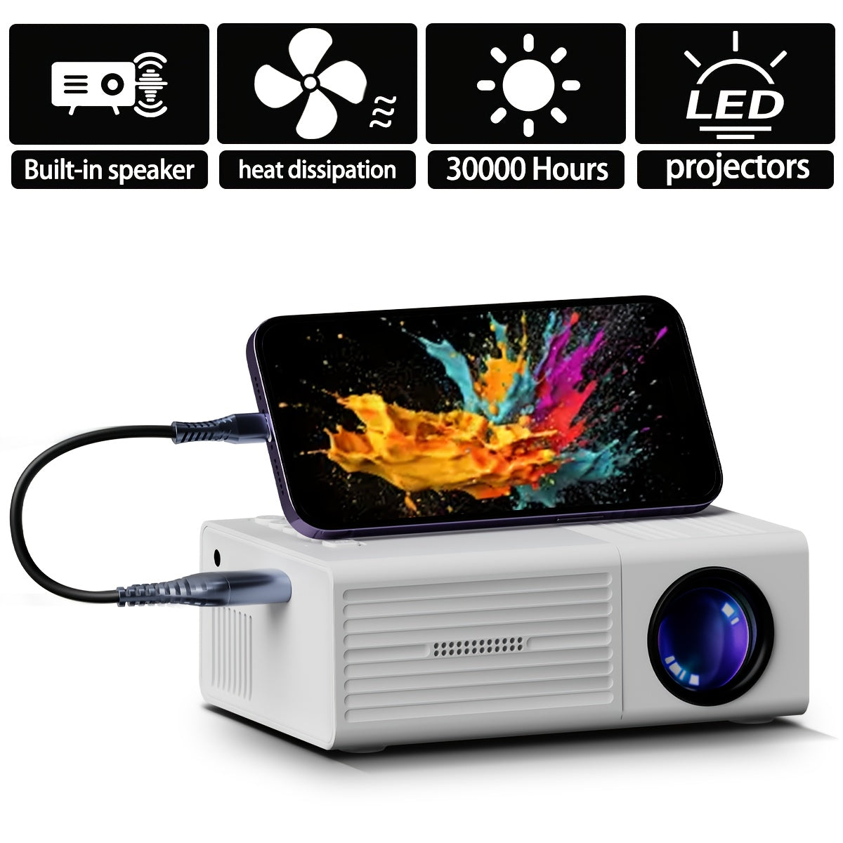 Portable Projector 1080P Supported 1280x720 Native Resolution with Remote Control USB Compatible with Smartphones Tablets Laptops TV Sticks Big Screen Home Theater