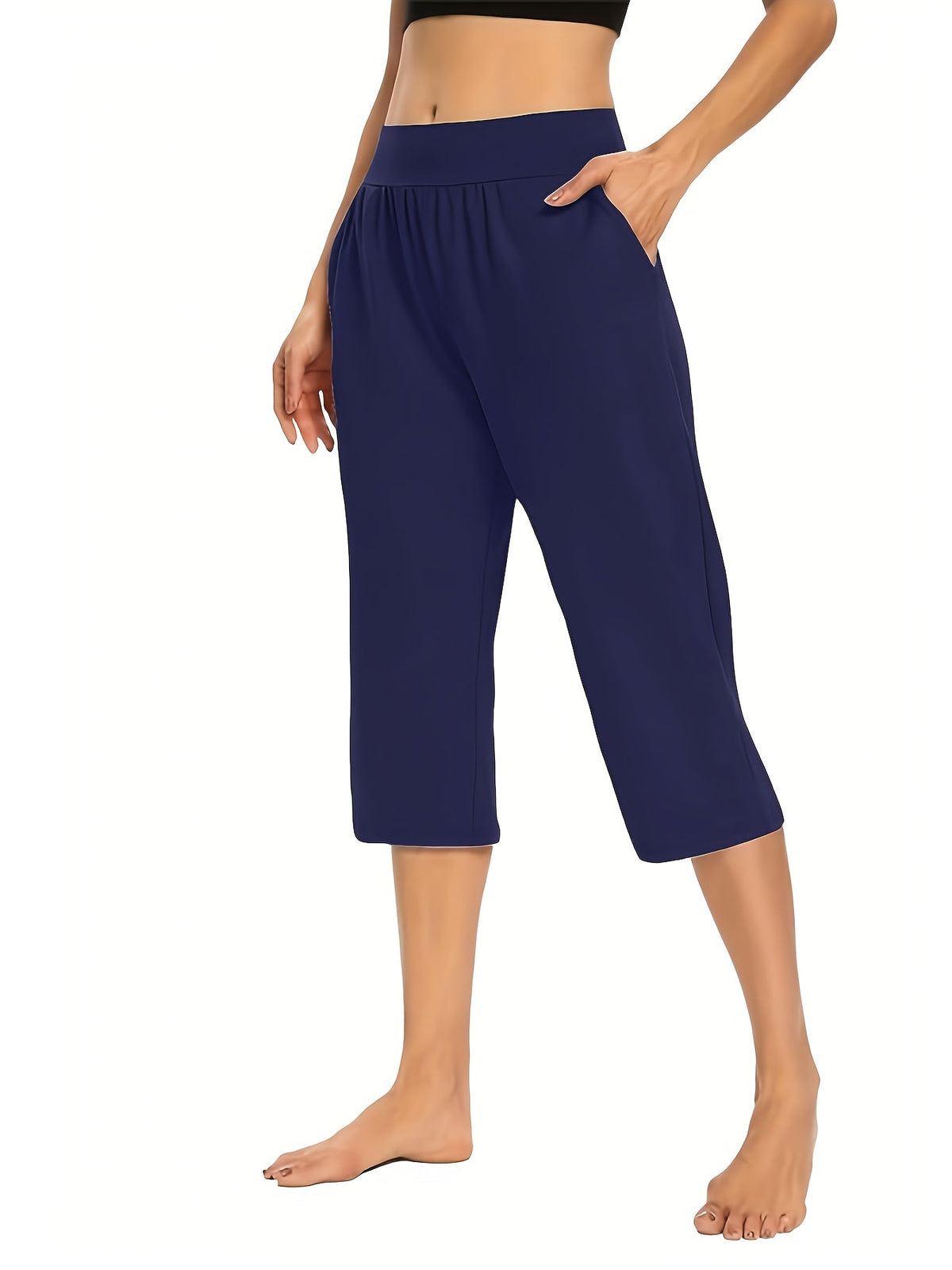 Women's High-Waisted Pull-On Cropped Pants – Stretchy Elastic Waist Lightweight Capri Pants with Pockets for Summer & Casual Wear