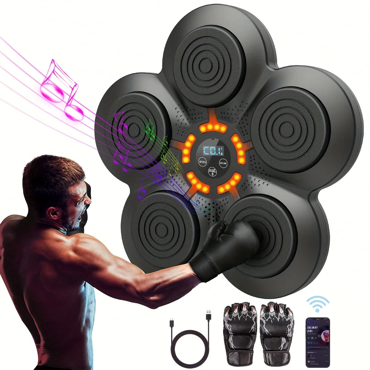 Smart Music Boxing Machine Wall Mounted Wireless Punching Trainer – LED Light Guidance, Bluetooth Speaker, Home Gym Cardio Workout & Stress Relief Reflex Target Pad for Adults and Kids