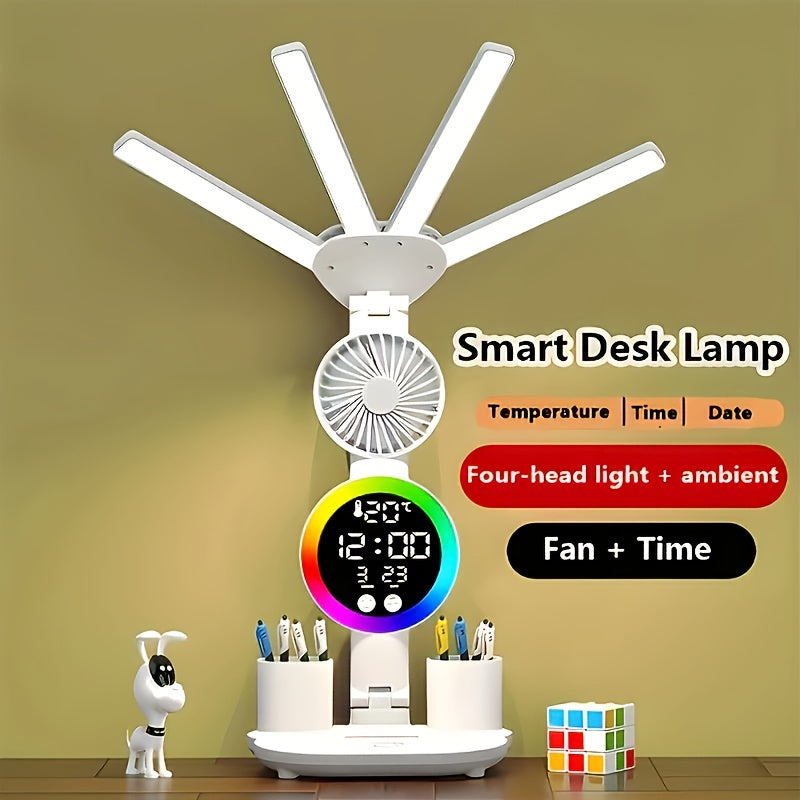 Smart Touch LED Desk Lamp with USB Port Dual-Head Dimmable Color-Changing Reading Light with Built-In Fan and Night Light Eye-Friendly for Home Office Dorm Study No Battery Required