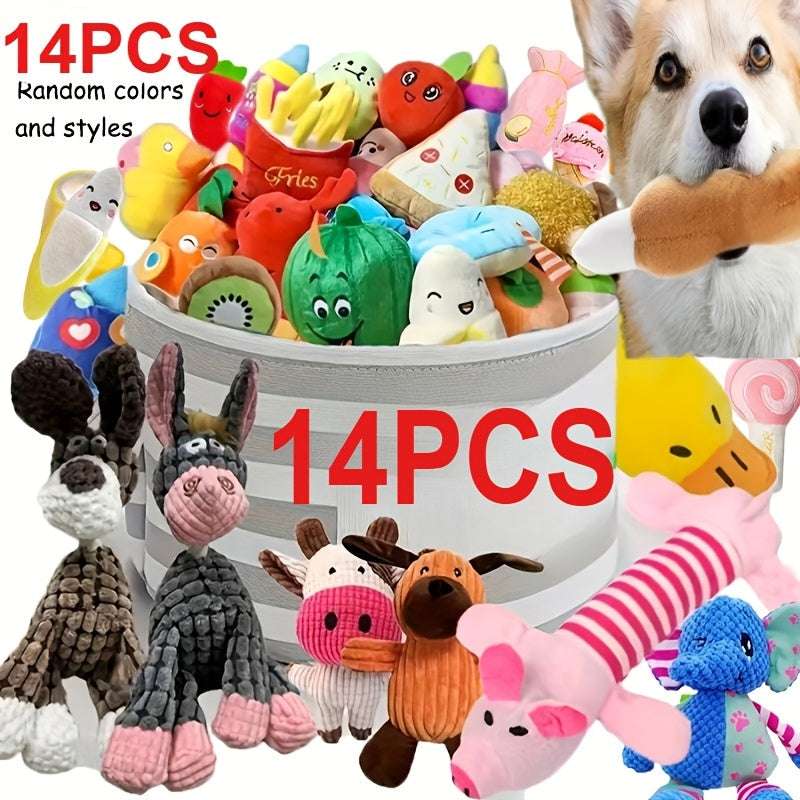 Cartoon Plush Dog Toy Set – 4/7/14 Pcs Soft Squeaky Chew Toys for Dogs of All Breeds & Sizes, Durable Stuffed Bite Toys Bundle, Ideal Gift for Small Dogs – Random Styles