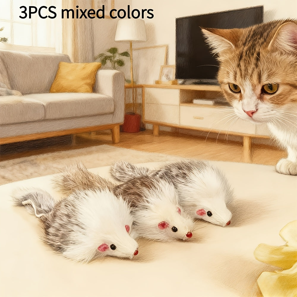 Plush Mouse Cat Toys Set 3 or 5 Pack - Realistic Simulation Long-Haired Mice with Two-Color Plastic Body, Interactive Indoor Cat Play and Exercise Toy for Kittens and Adult Cats