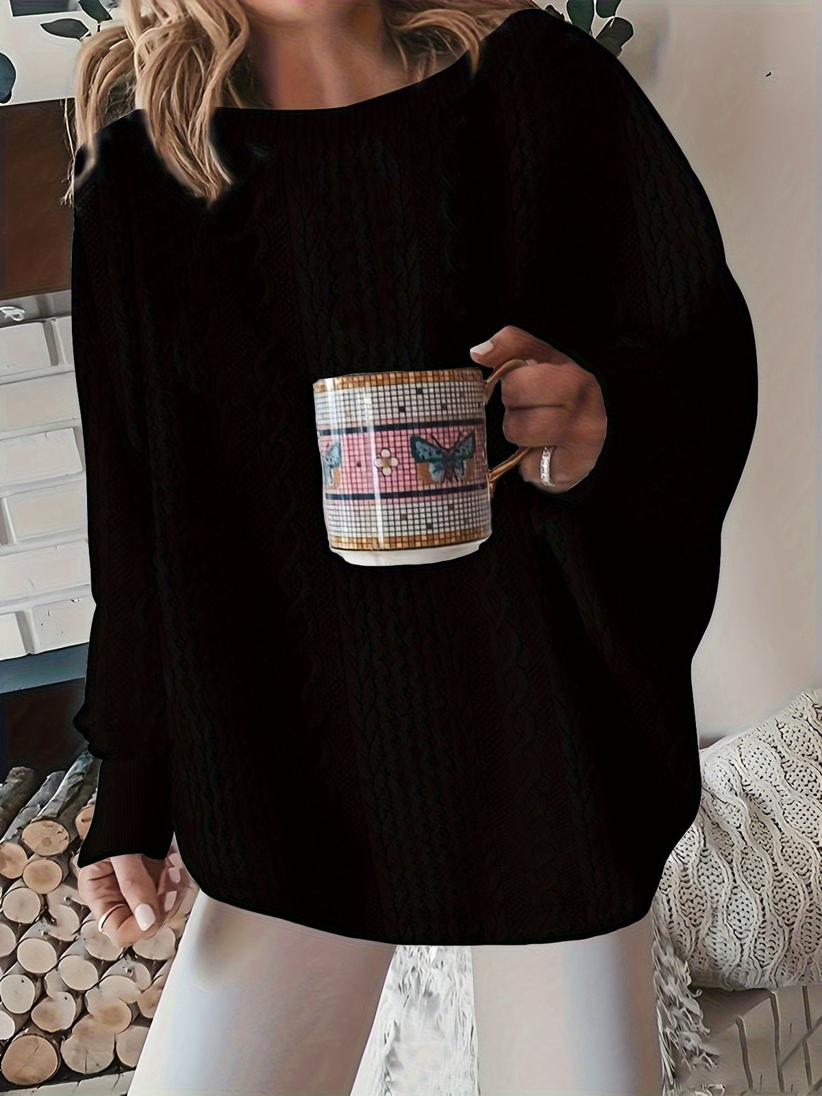 Women's Oversized Cable Knit Pullover Sweater Round Neck Long Sleeve Loose Cozy Chunky Knit Top for Fall Winter Casual White Grey Black