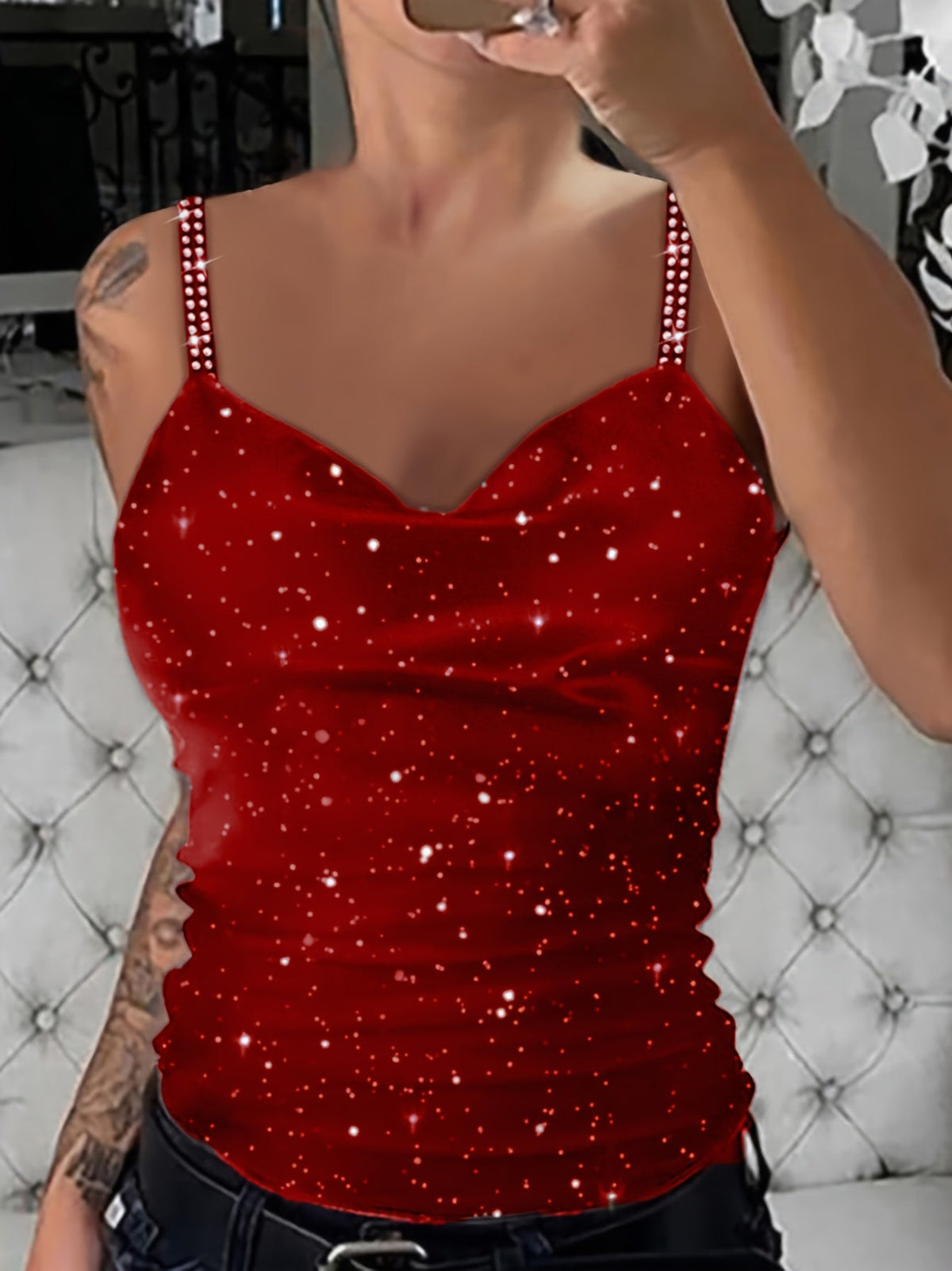 Women's Sequin Rhinestone Strap Cami Top Sexy V-Neck Sleeveless Tank Top Glam Party Night Out Going Out Tops Spring Summer Fall S M L XL XXL