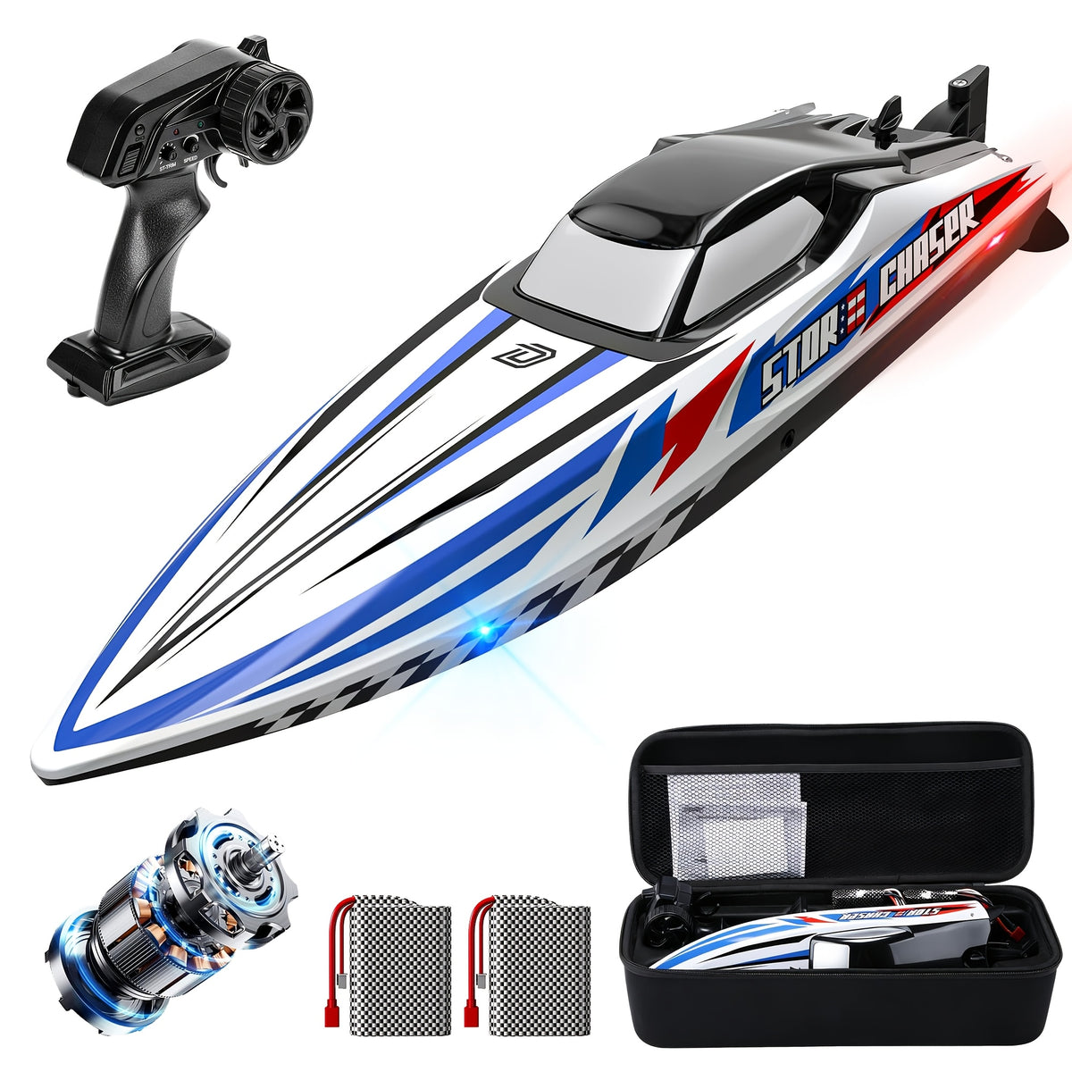 DEERC 16" Brushless RC Boat for Adults - Hobby Grade 35+ KPH Remote Control Racing Boat, 3S Power Self-Righting Metal Drive Shaft, 2x2000mAh Batteries & Carrying Case for Lakes Pools Rivers | Blue