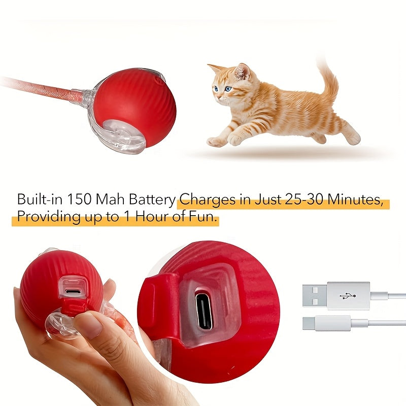 Electric Self-Rolling Cat Ball Toy Automatic Interactive Cat Toy Ball with Elastic Net Tail Fast Rolling Smart Motion Ball for Indoor Cats Kittens Carpet Floor Play