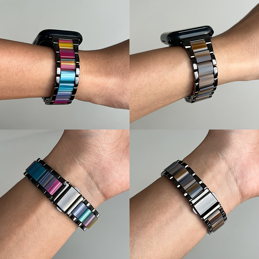 Apple Watch Band 42 44 45 46 49mm Women Stainless Steel Resin Metal Replacement Strap Starlight Rainbow for iWatch Series 11 10 9 8 7 6 5 4 3 SE Ultra Work Office Fitness Party
