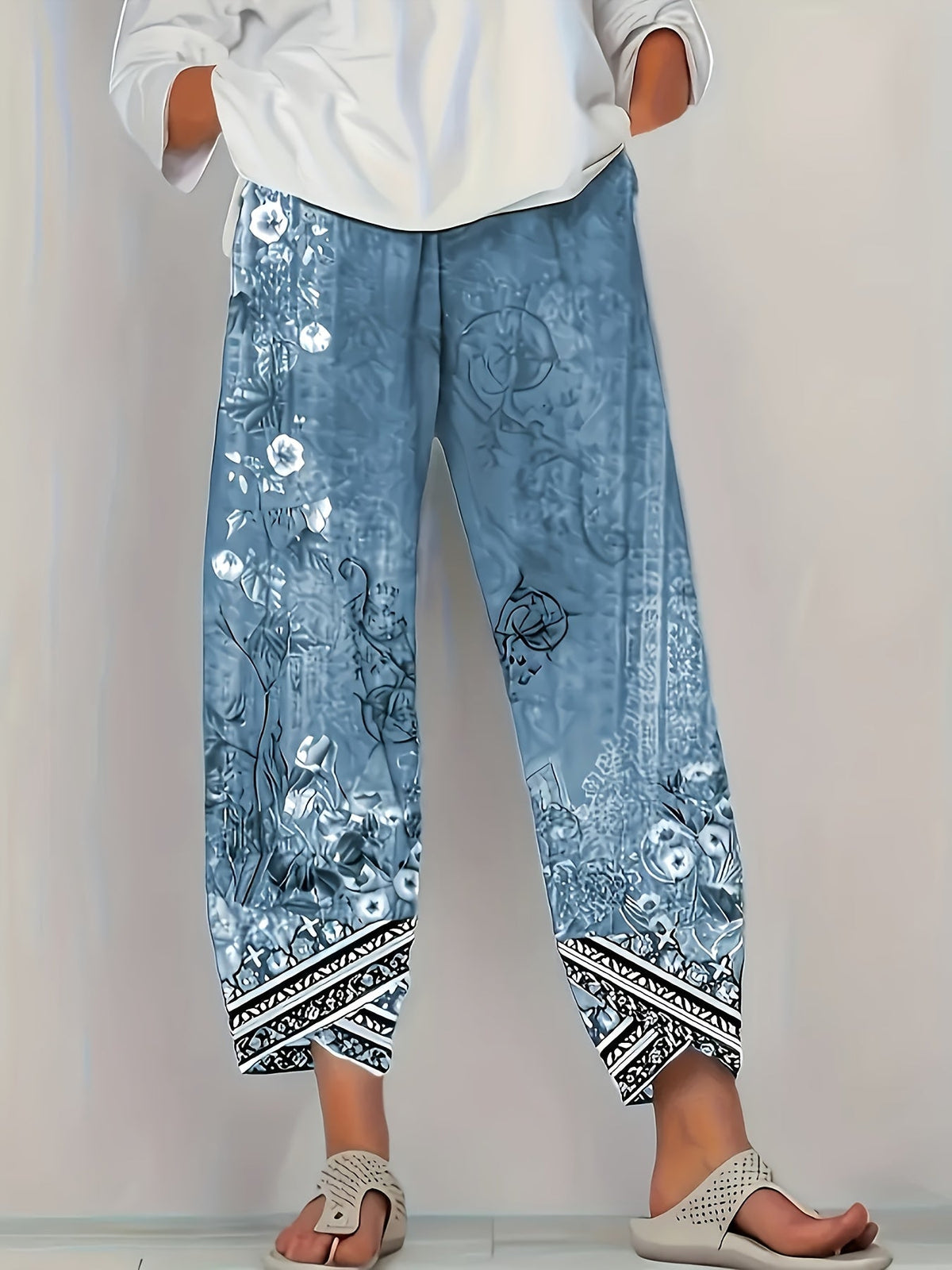 Vintage Floral Capri Pants with Elastic Waist & Pockets | Women's Retro Smocked Cropped Trousers | Casual Comfortable Boho Bottoms for Spring Summer Fall | S-XXL Multiple Colors