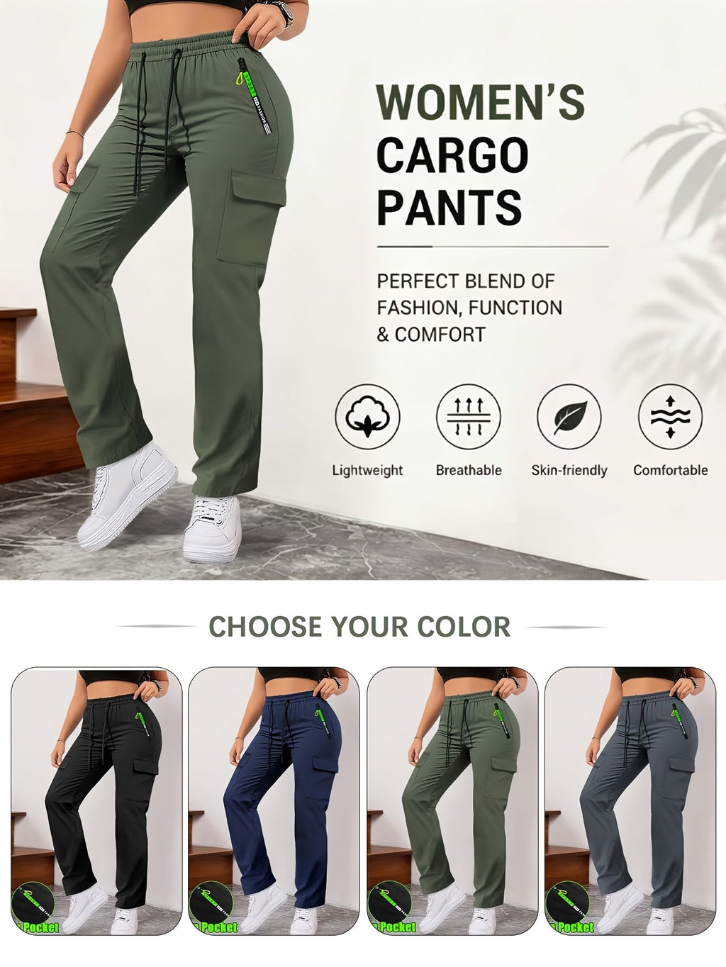 Women's Multi-Pocket Cargo Pants – Neon Green Zipper Accents, Drawstring Waist, Full-Length Outdoor Travel Trousers, 4 Colors, Sizes XS-XXL, Spring Fall Casual Streetwear