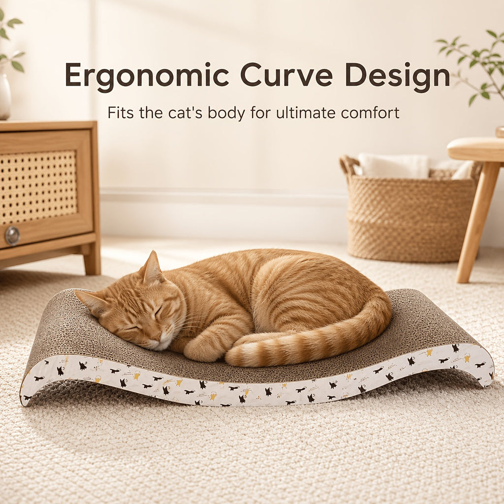 Curved Cat Scratcher 2-in-1 Cat Lounge Bed - Large Wave Corrugated Cardboard Scratching Pad with Ergonomic Spine Support - Furniture Protection Cat Scratcher for Indoor Cats Multi-Cat Households