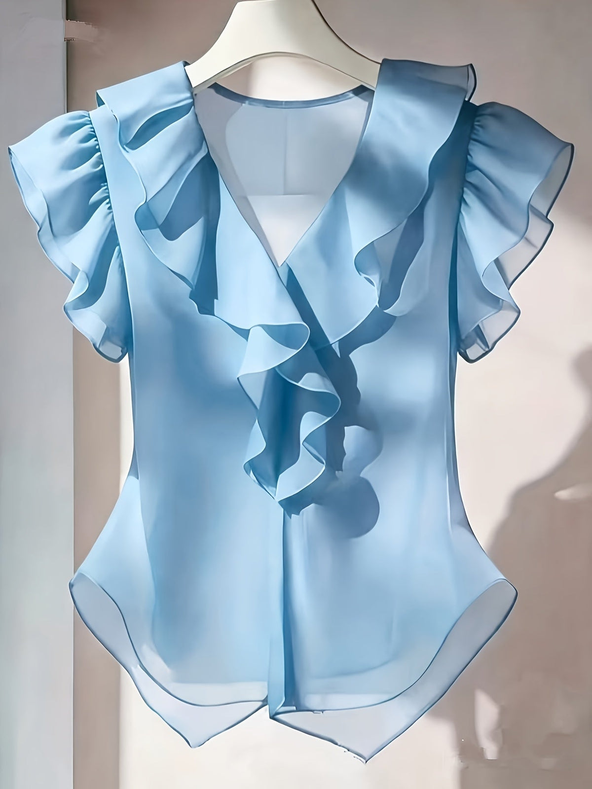 Women's French Ruffle Short Sleeve Chiffon Top – Solid Color Flyaway Casual Summer Blouse in 21 Colors, 100% Polyester Woven