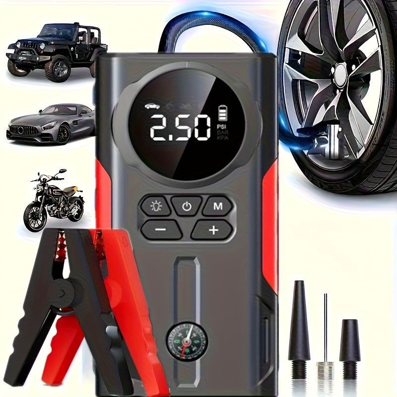 Portable Car Jump Starter Kit Multi-Function 12V Battery Booster with LED Flashlight SOS Rescue Light Air Pump for Cars Trucks Emergency Power Accessory