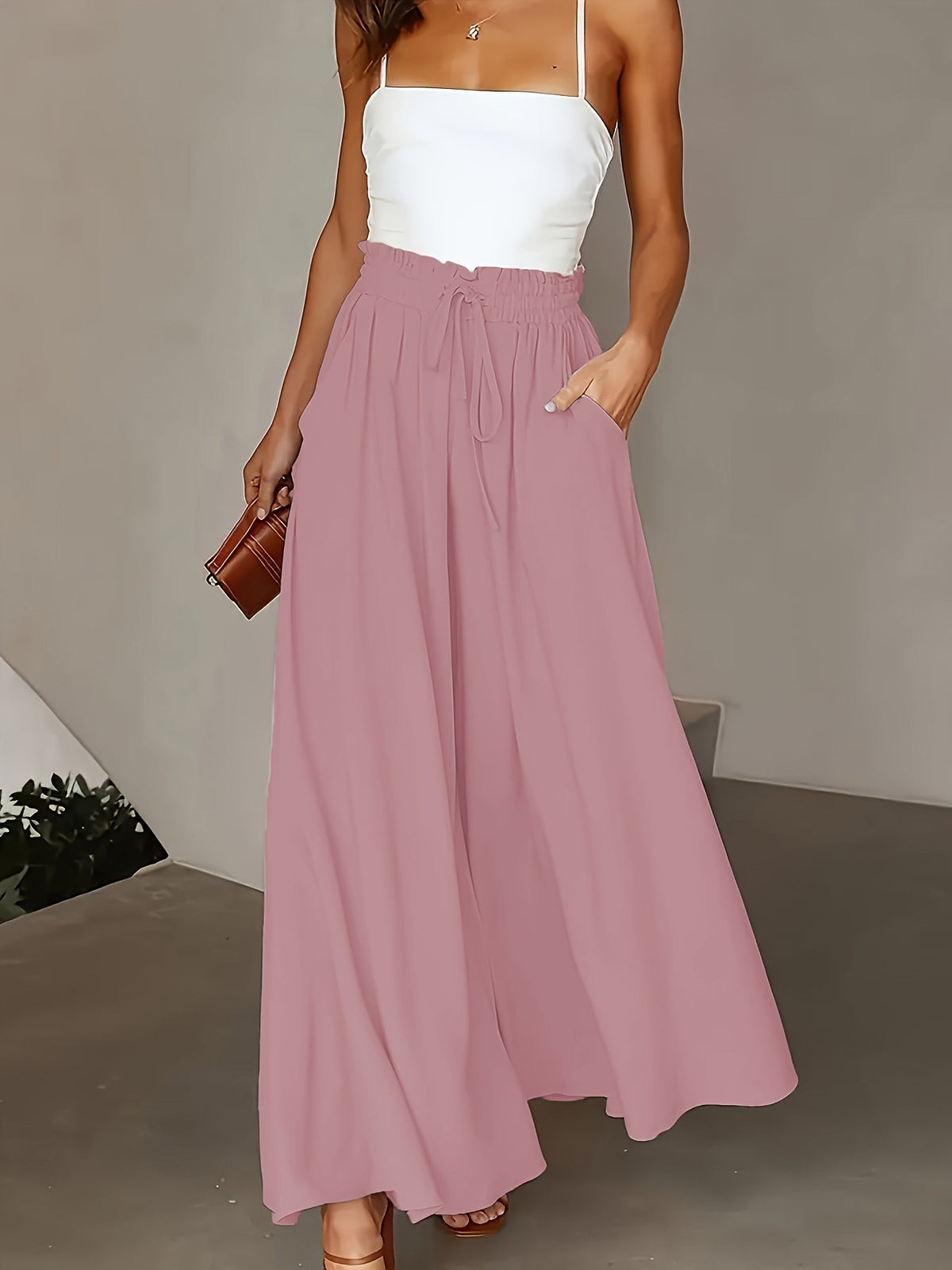 Women's High-Waist Wide-Leg Pants – Elegant Loose Fit Solid Color Flowy Trousers with Pockets for Spring Summer Office Casual
