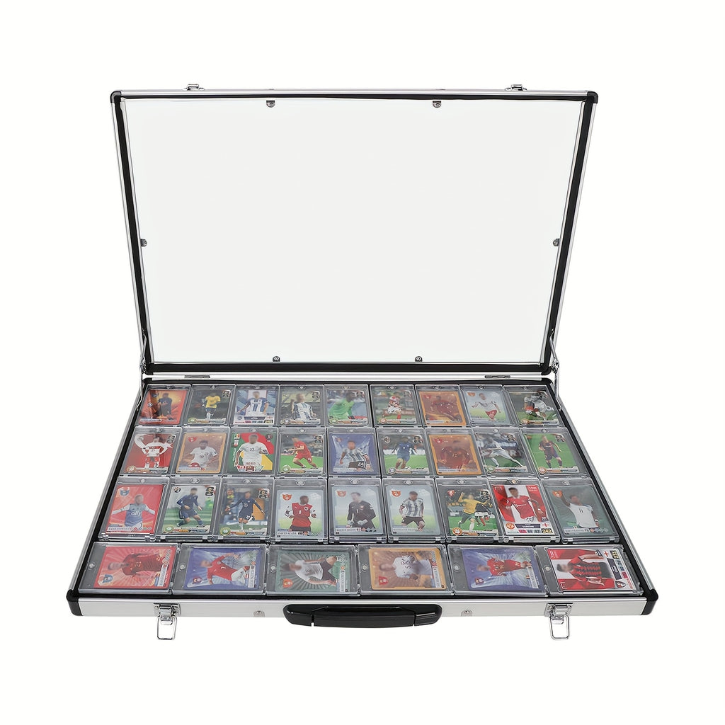 Aluminum Trading Card Display Case Lockable Portable Collector Showcase Box with Carry Handle for Pokemon MTG Sports Cards Pins Jewelry Photos Collectibles Silver Black
