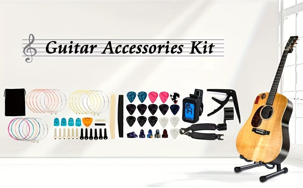 64-Piece Guitar Accessories Kit for Beginners – Includes 3 Sets of Strings, Capo, Clip-On Tuner, Picks, Finger Guards, Bridge Pins, Nut & Saddle, 3-in-1 String Winder Tool & Storage Bag