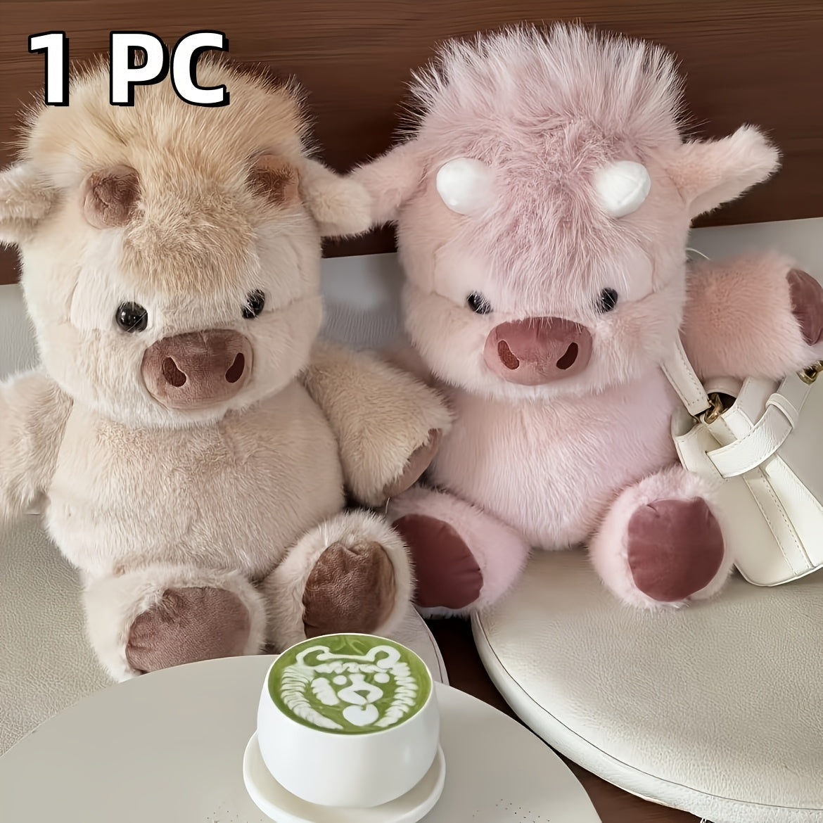 Kawaii Highland Cow Plush Toy 15.7 Inch – Cute Soft Stuffed Animal for Girls, Fluffy Highland Cow Stuffed Plushie, Perfect Valentine’s Day Easter Birthday Christmas Gift (White/Pink/Light Brown)