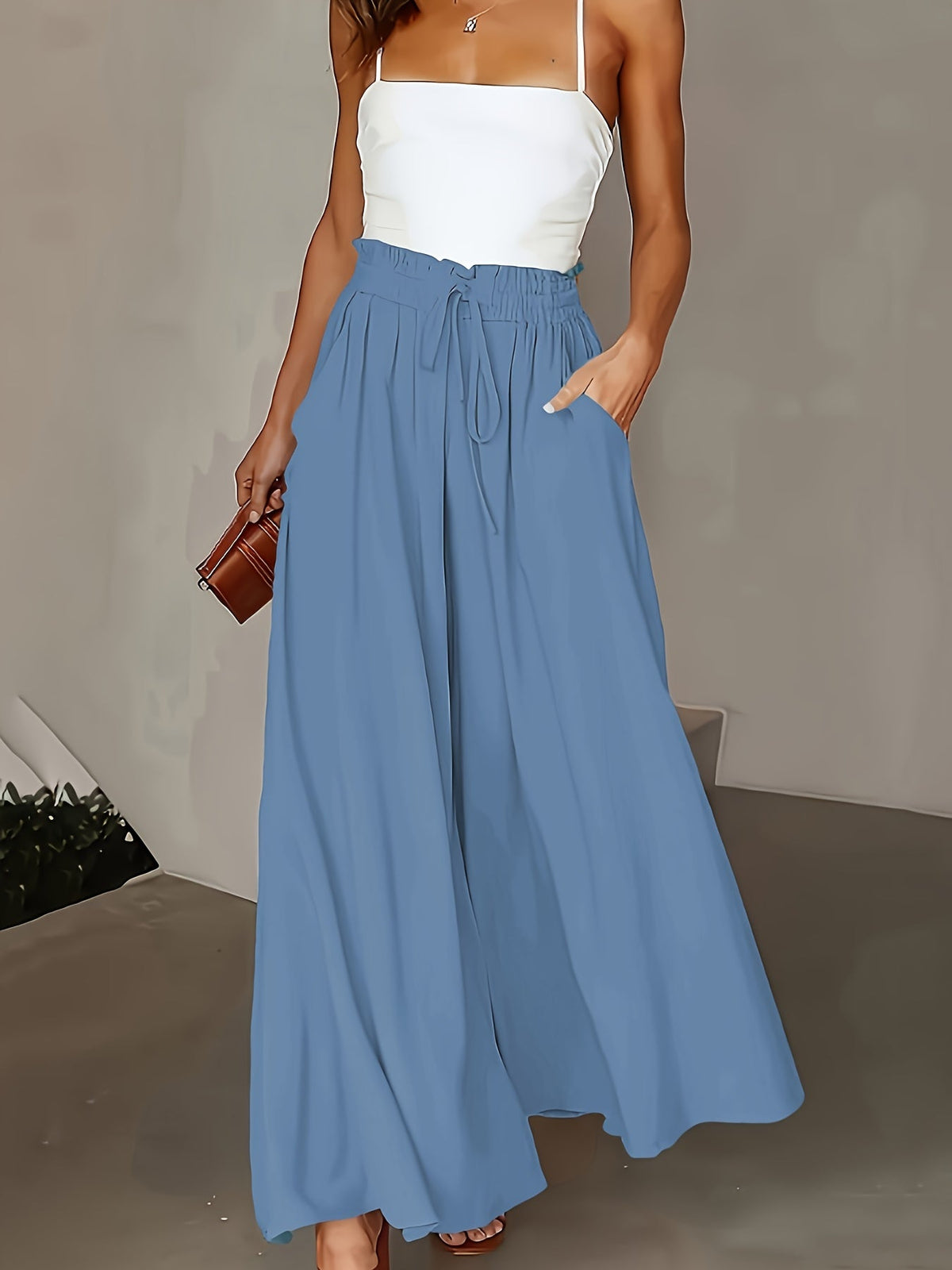 Women's High-Waist Wide-Leg Pants – Elegant Loose Fit Solid Color Flowy Trousers with Pockets for Spring Summer Office Casual