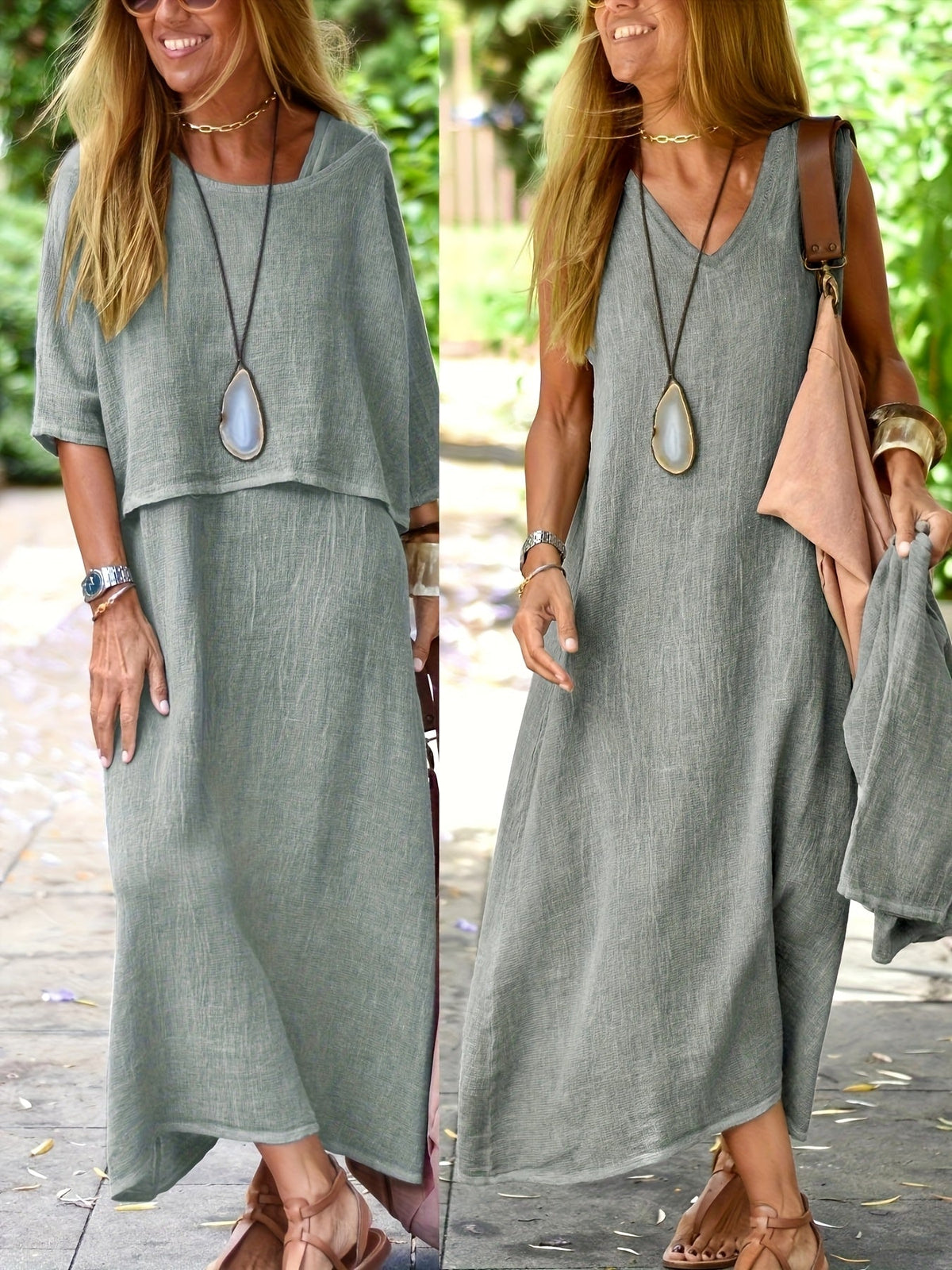 Women's Two Piece Set Casual Loose Top and Sleeveless Maxi Dress Summer Boho Outfit Black Khaki Sky Blue Slate Grey S M L XL XXL