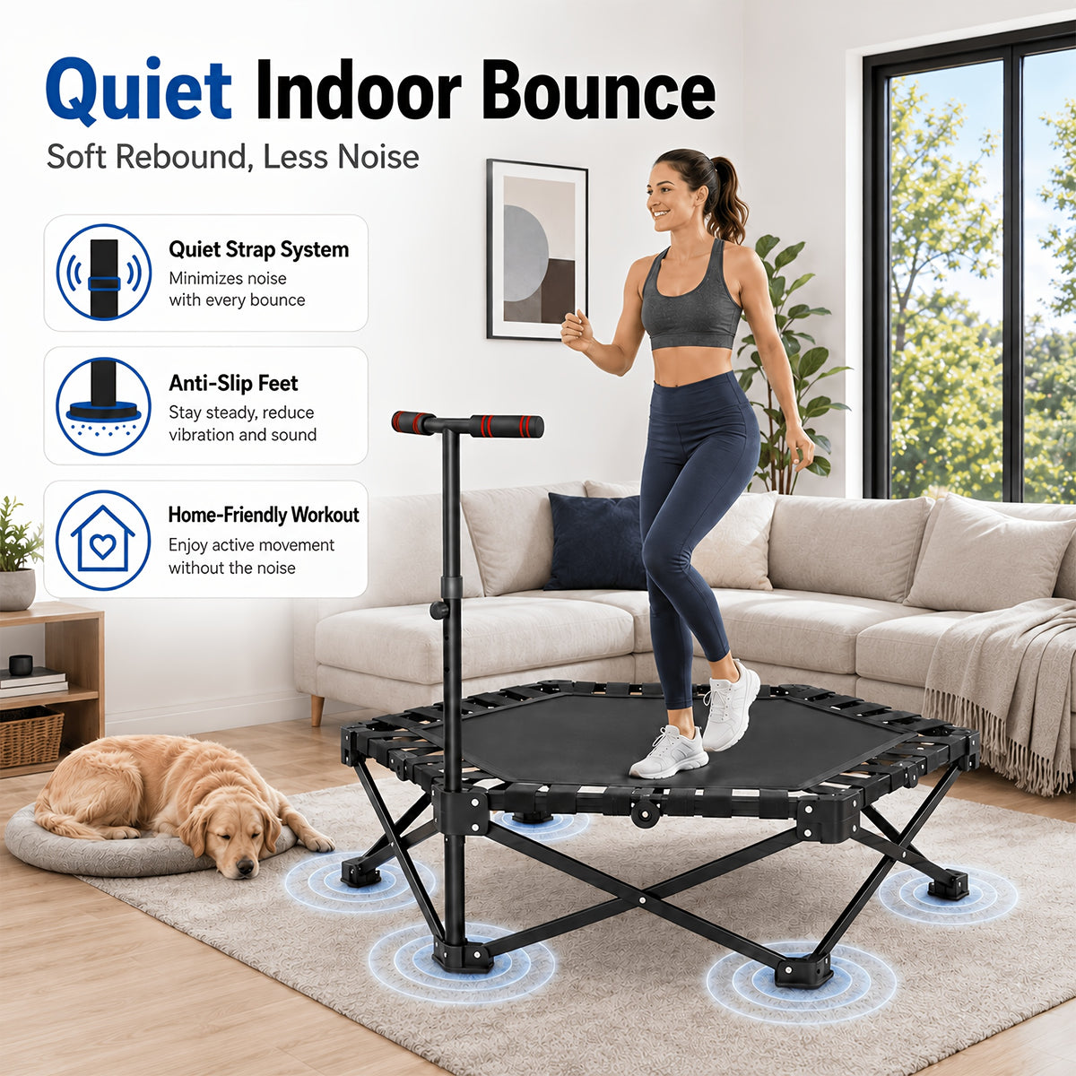 42-Inch Foldable Mini Rebounder Trampoline for Adults – Springless Fabric Strap System, 300 LB Capacity, Compact Indoor Fitness Bouncer for Home Gym, Cardio & Leisure Exercise, Space-Saving Design