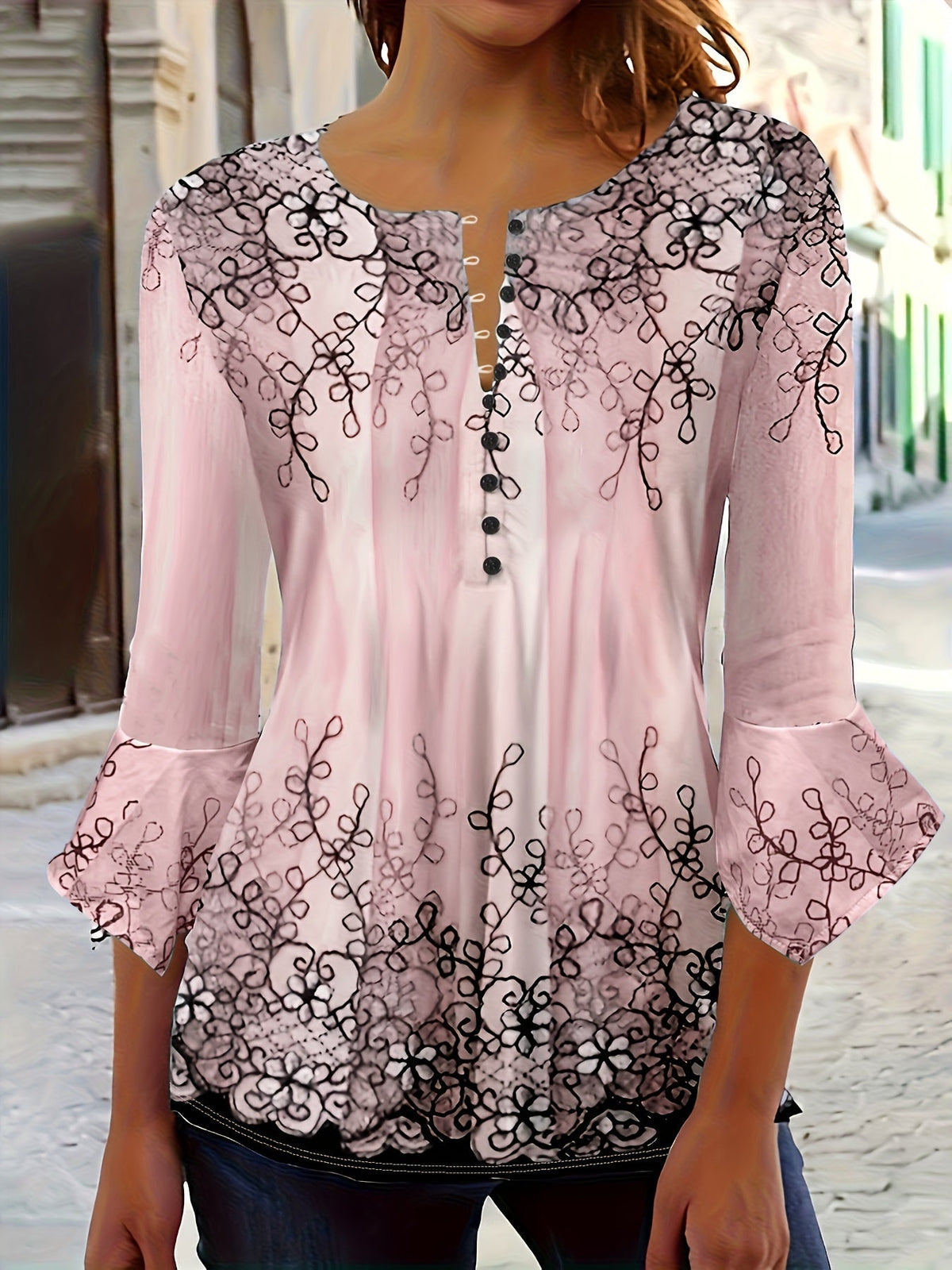Floral Print Button-Front Blouse Women Ruffle Flare Sleeve Casual Tunic Top Soft Stretch Knit Fabric Spring Summer Fall S-XXL Machine Washable
