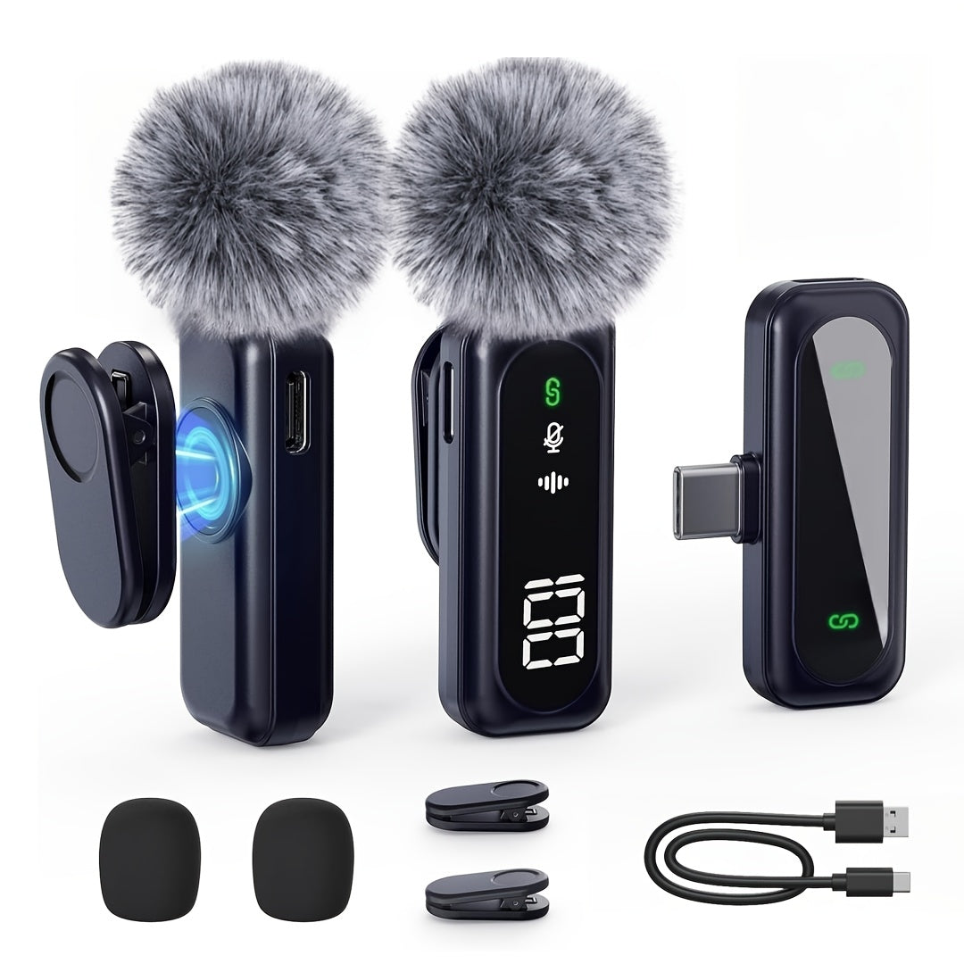 Wireless Lavalier Microphone USB-C 2.4G with DSP Noise Reduction, Digital Battery Display, 360° Omnidirectional Clip-On Lapel Mic, 100ft Range, Feather Windshield, Rotatable Magnetic Clip for iPhone, Android, Camera & Content Creators