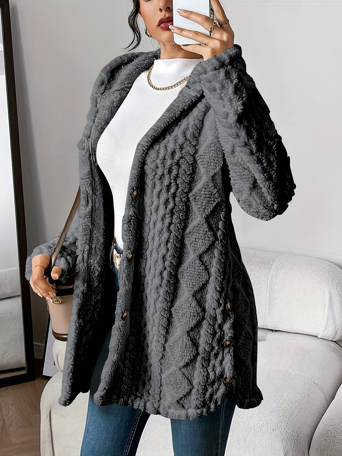 Women's Jacquard Plush Hooded Cardigan Coat – Warm Fuzzy Open Front Sweater Jacket for Autumn Winter