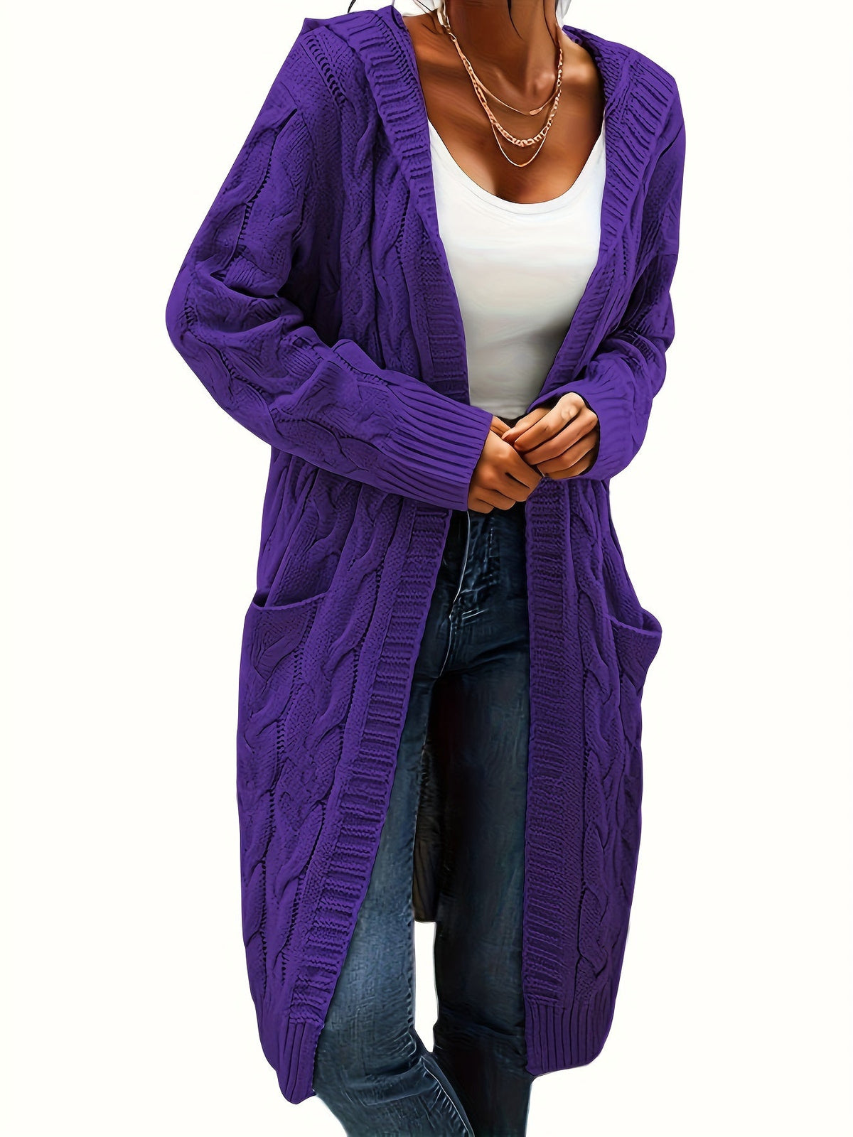 Women's Collarless Knit Cardigan – Minimalist Solid Color Polyester Casual Open Layer for Fall & Winter in 19 Colors