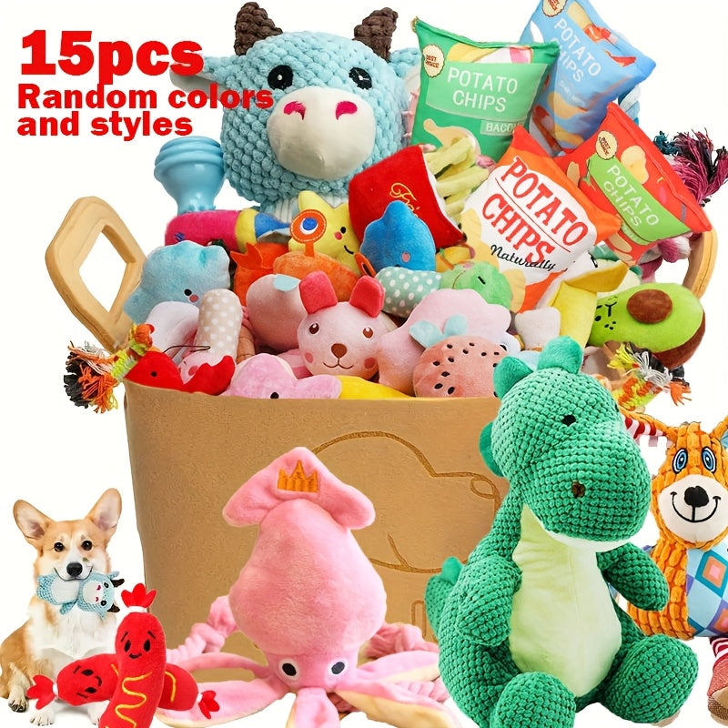 Squeaky Dog Plush Toys Set 15pcs – Bite-Resistant Cartoon Interactive Dog Toys for Tug of War, Random Styles, Small Medium Large Dogs & Puppies