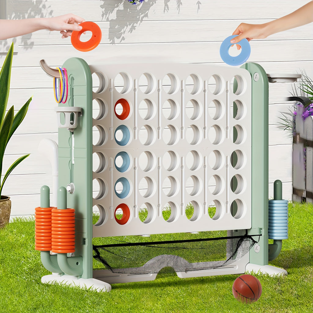 Giant 4-in-1 Outdoor Game Set Height Adjustable 2.6-3.2FT Connect Four Game with Quick Release Slider Mesh Pocket Kids Adults Backyard Party Birthday Gift Boys Girls Family Fun Yard Game