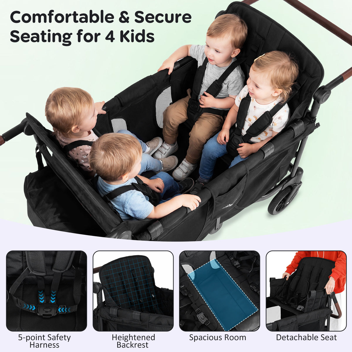 4-Seater Wagon Stroller for Kids, Foldable Push-Pull Toddler Wagon with Removable Canopy, 5-Point Safety Harness, Adjustable Handles, Snack Tray & Storage Bag - Convertible Family Outdoor Cart for 4 Children