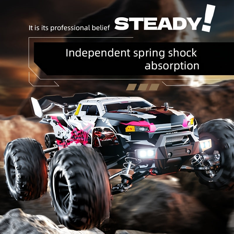 80KM/H 4WD RC Off-Road Truck - Full Proportional Control, Metal Gears & Differential, Independent Suspension, LED Lights, Wheelie Bar, All-Terrain Professional RC Car - Pink