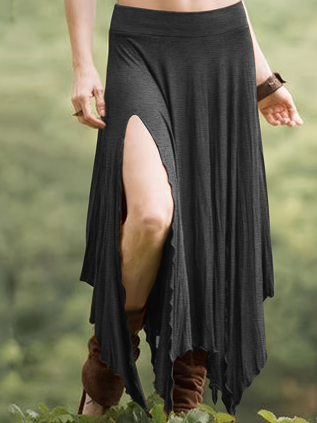 Women's Asymmetrical Hem Skirt - High Waist Drawstring Split Midi Skirt, Stretchy Knit 95% Polyester, Casual Vintage Style for Spring Summer