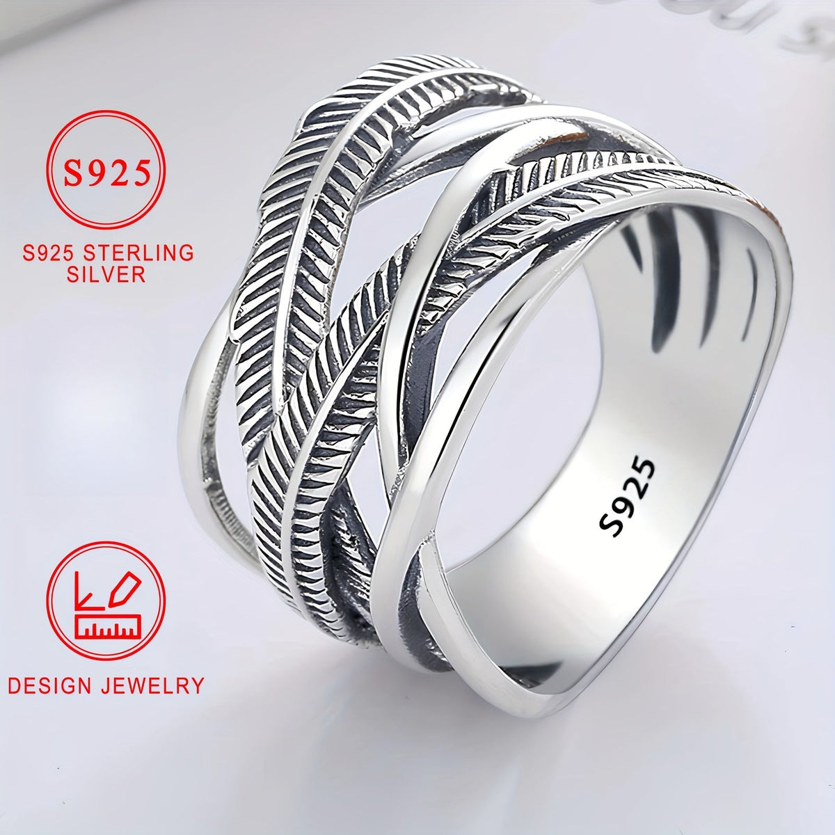 925 Sterling Silver Feather Ring Vintage Hip Hop Infinity Cross Band Fashion Jewelry for Women and Men Sizes 6 7 8 9 10 Daily Wear Gift