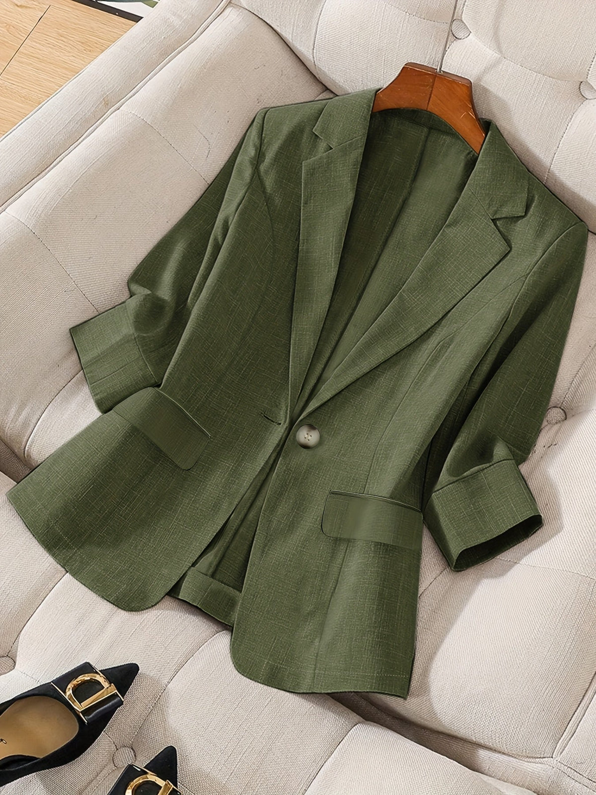 Women's Elegant Blazer Jacket 3/4 Sleeve Loose Fit Office Work Blazer Apricot Black Navy Olive Violet S M L XL XXL