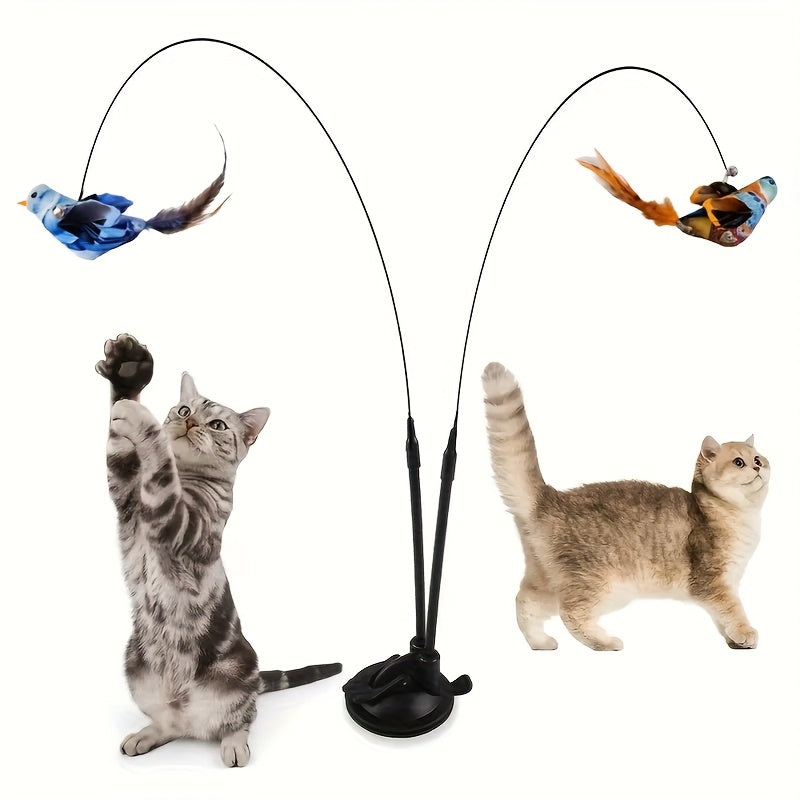 Cat Bird Hunting Toy with Double Rod & Suction Cup Base - Hands-Free Interactive Teaser with Bell Artificial Bird Feather for Cats Kittens Indoor Outdoor Exercise Training Random Color