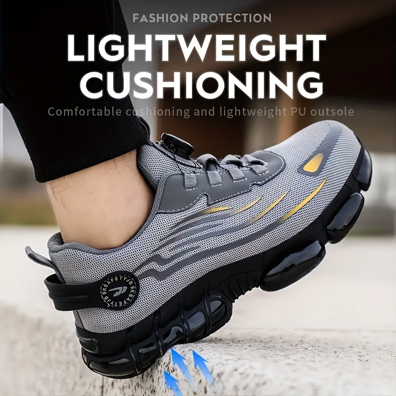 Men's Breathable Work Shoes - Durable Safety Shoes with Reflective Stripes, Lightweight Cushioned Sole for Industrial, Construction and Casual Wear, Available in Black and Grey, Sizes US 6 to 11