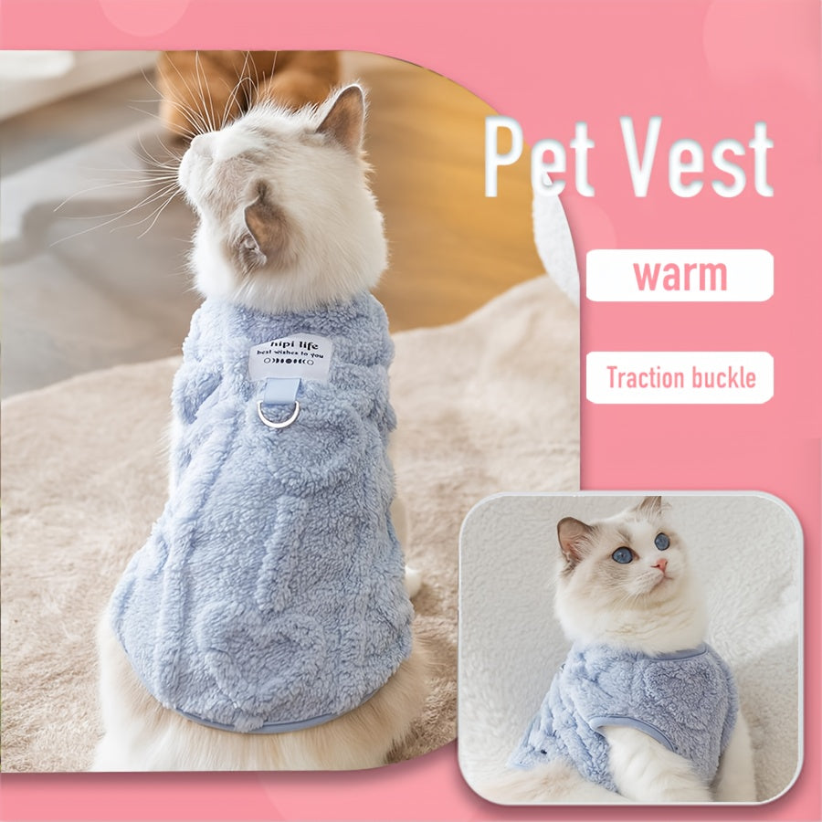Warm Cat Vest for Autumn and Winter - Thick Fleece Pet Clothing with Heart Print and Traction Buckle, Comfortable Soft Cat Sweater Jacket for Small Cats and Kittens