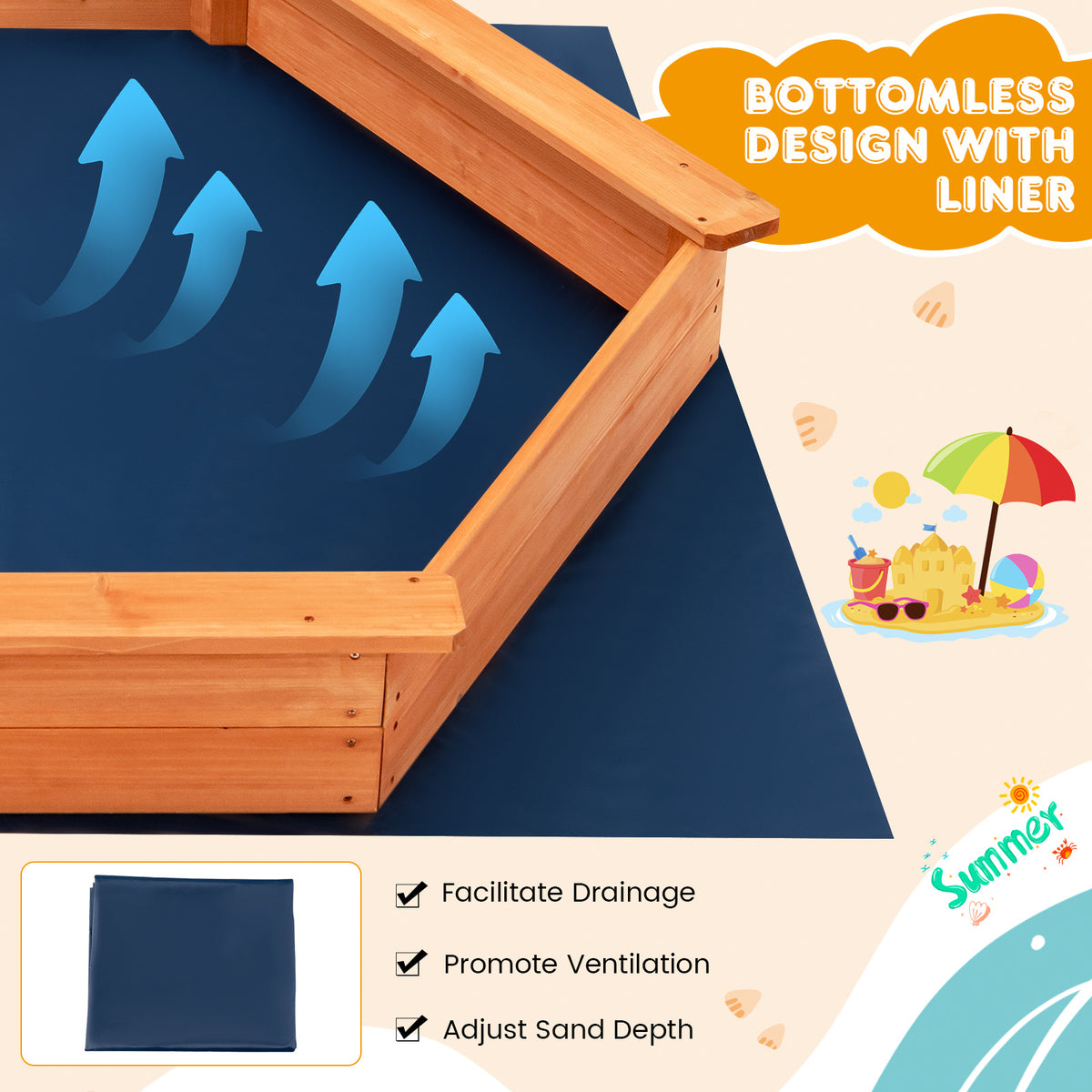 Cedar Wood Hexagonal Kids Outdoor Sandbox with Lid Weatherproof Oxford Cover Three Benches Base Liner 73x64 Inch for Gardens Yards Beaches Fits 4 to 6 Kids Natural