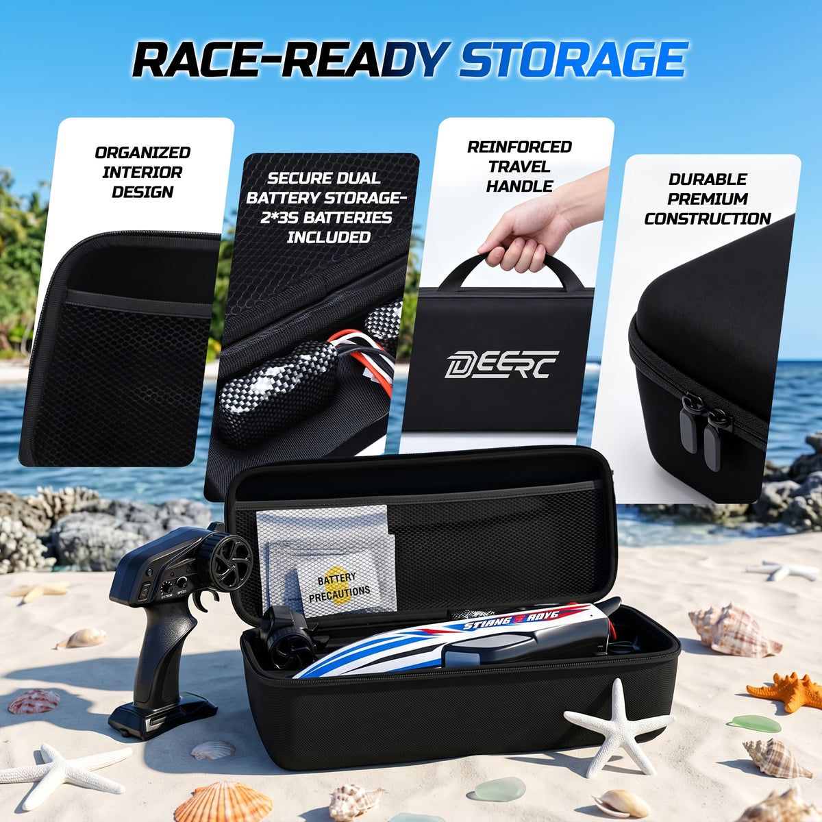 DEERC 16" Brushless RC Boat for Adults - Hobby Grade 35+ KPH Remote Control Racing Boat, 3S Power Self-Righting Metal Drive Shaft, 2x2000mAh Batteries & Carrying Case for Lakes Pools Rivers | Blue