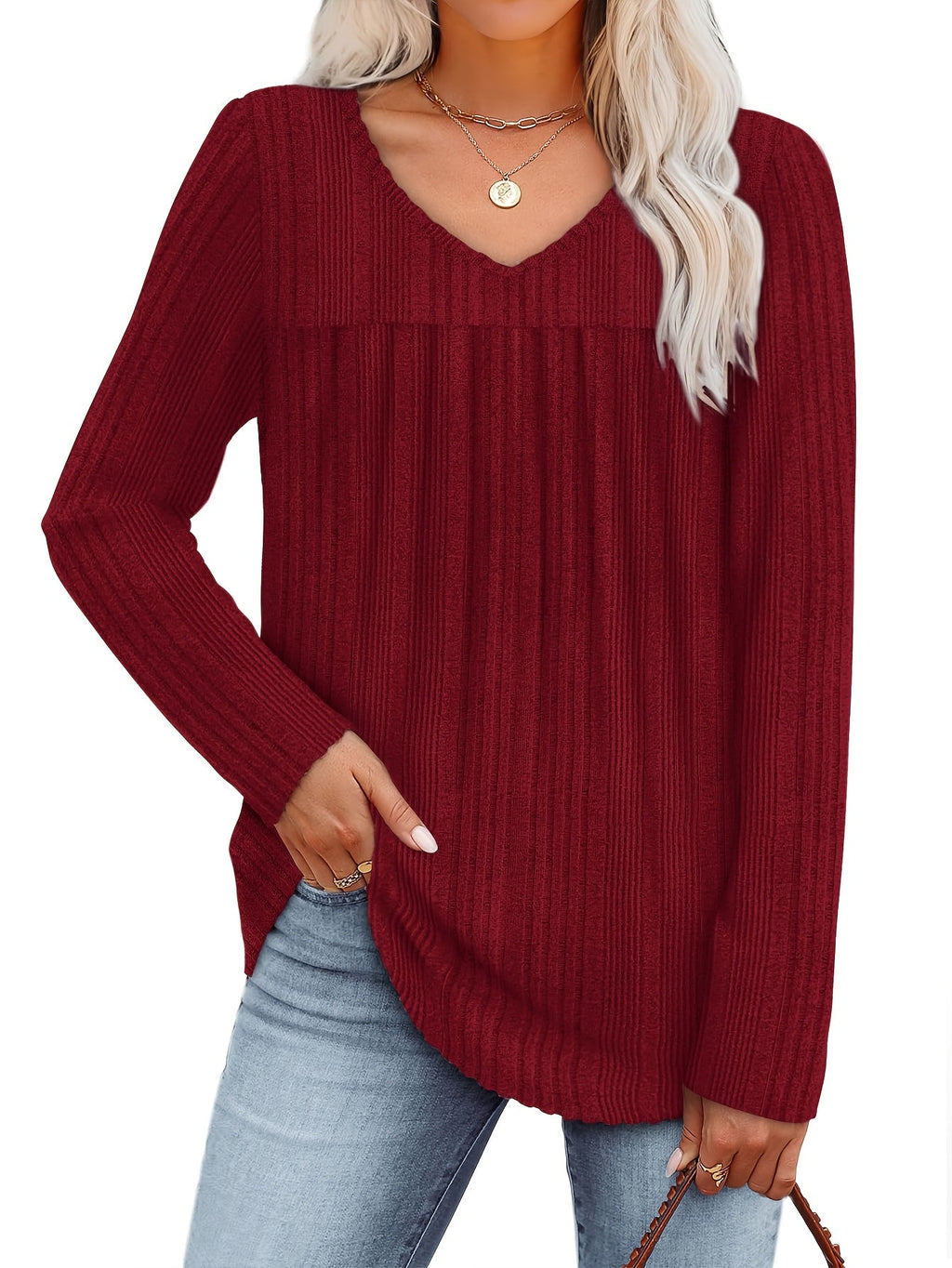 Women's V-Neck Long Sleeve Pullover Top – Lightweight Casual Front Pleat Blouse for Women, Elegant Loose Fit Dressy Shirt, Multiple Colors, Sizes S-XXL
