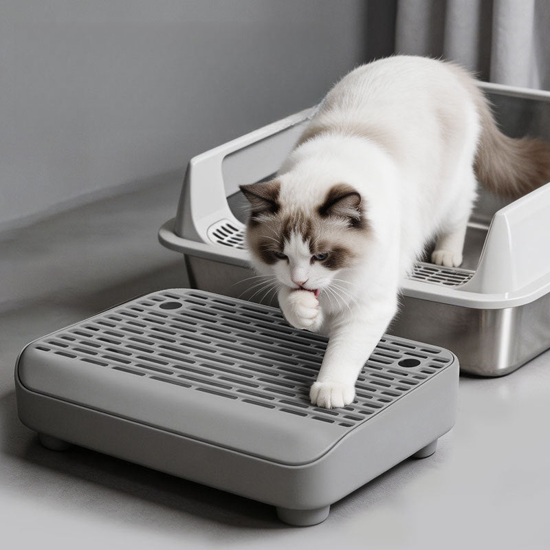 Double-Layer Cat Litter Trapping Mat with Step & Detachable Legs – Non-Slip Leakproof Filter Design, Easy to Clean, Fits Most Litter Boxes, Light Gray