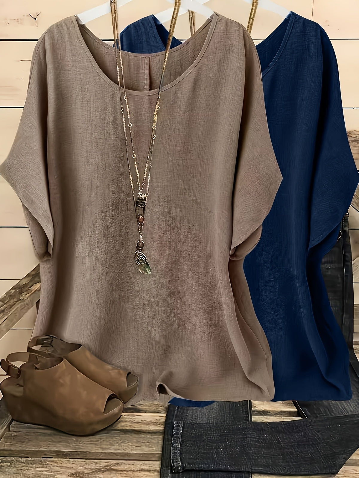 Women's Batwing Sleeve Shirt 2pcs Set Casual Vacation Round Neck Solid Color Loose Top S-XXL Multiple Colors | US Warehouse Fast Shipping
