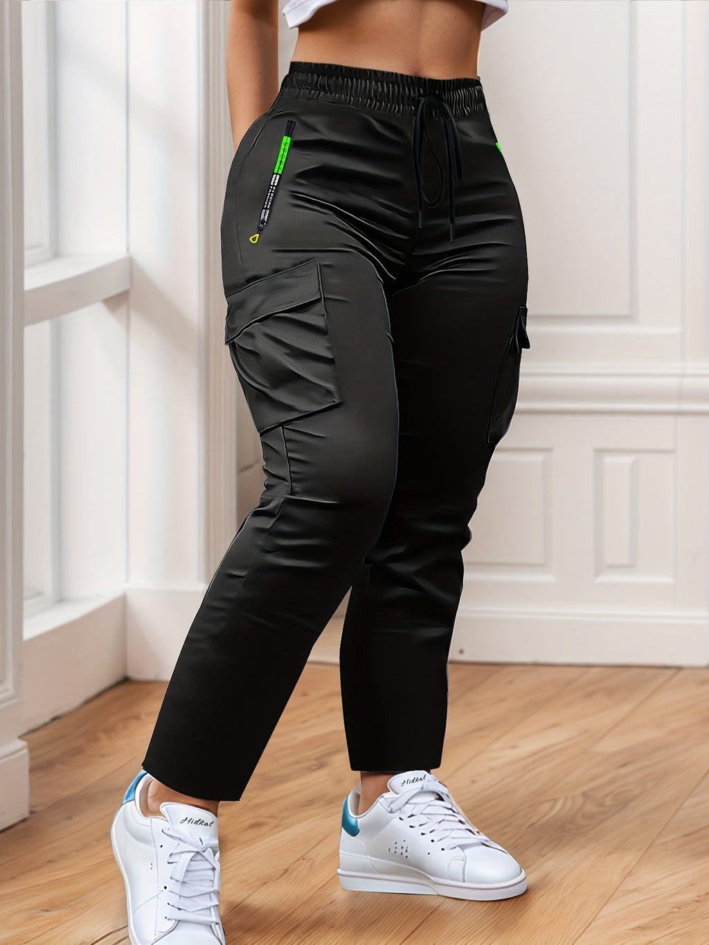 Women's Multi-Pocket Cargo Pants – Neon Green Zipper Accents, Drawstring Waist, Full-Length Outdoor Travel Trousers, 4 Colors, Sizes XS-XXL, Spring Fall Casual Streetwear
